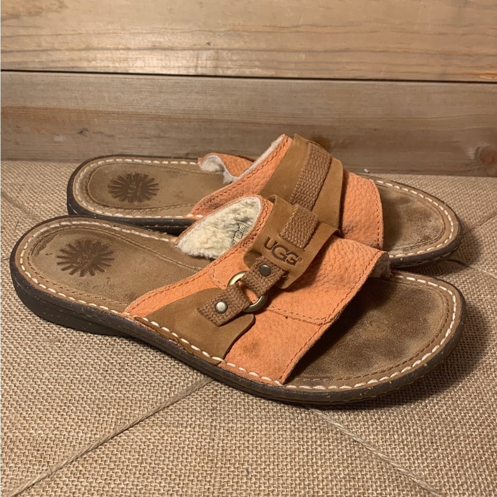 UGG Australia Leather Slip-On Sandals Women's Size 8 Brown Peach Tan